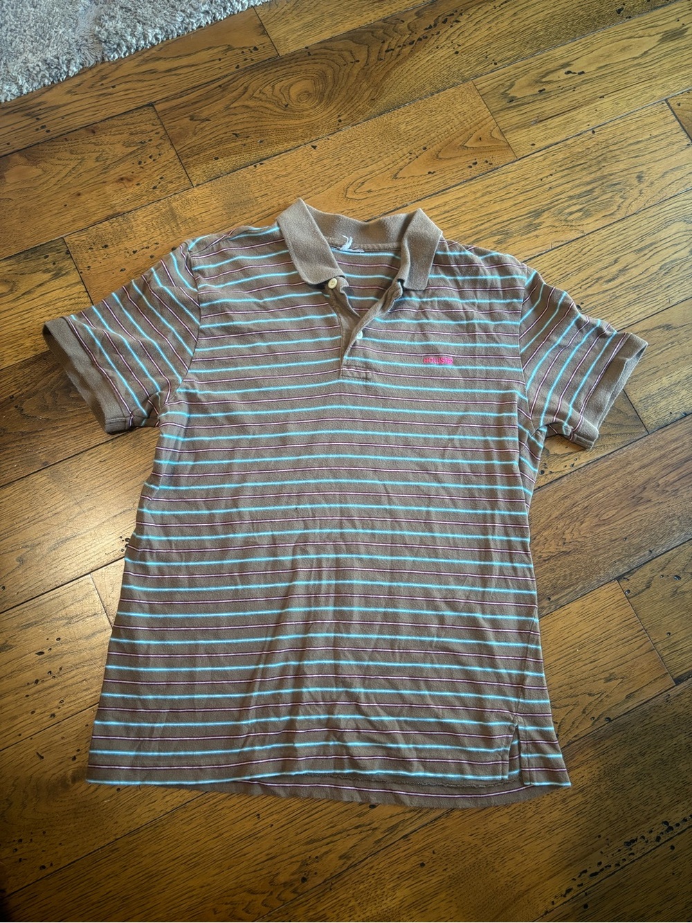 Y2K Hollister Brown Striped Women’s Polo Shirt Pink Logo - Casual Short Sleeve